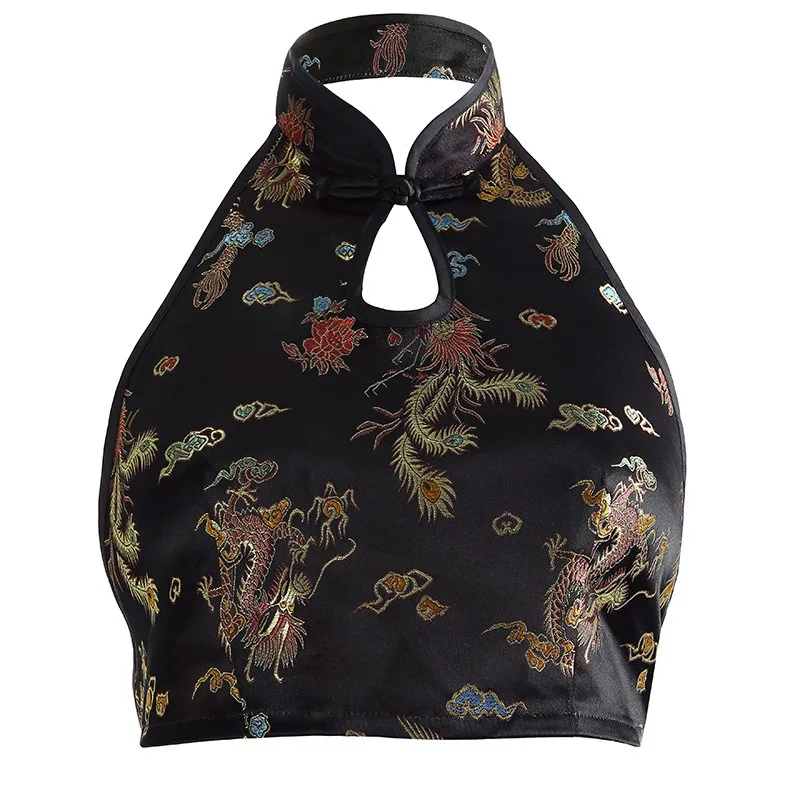 2025 Sexy dos nu sans manches cou Dragon broderie Style chinois petit gilet femmes débardeur femmes vêtements haut court