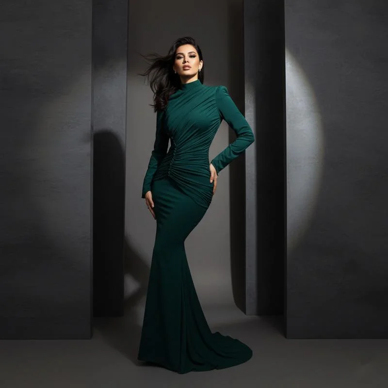 Elegant Women's Ruched Maxi Dress With Turtleneck Full Sleeve High Waist And Button Detailing Perfect For Autumn Evening Parties