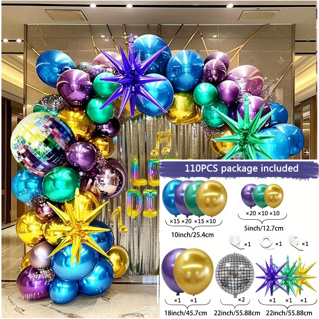 110pcs metal balloon garland Arch Kit - suitable for disco parties,birthdays, anniversaries, bachelorette parties all year round