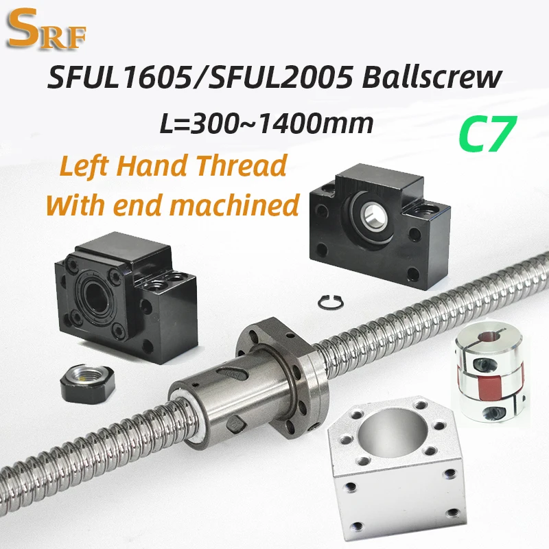 Left Hand Thread Ballscrew SFUL1605 SFUL2005 300~1400mm with single Ball Nut +End Support+Ballnut housing+coupler for CNC Parts