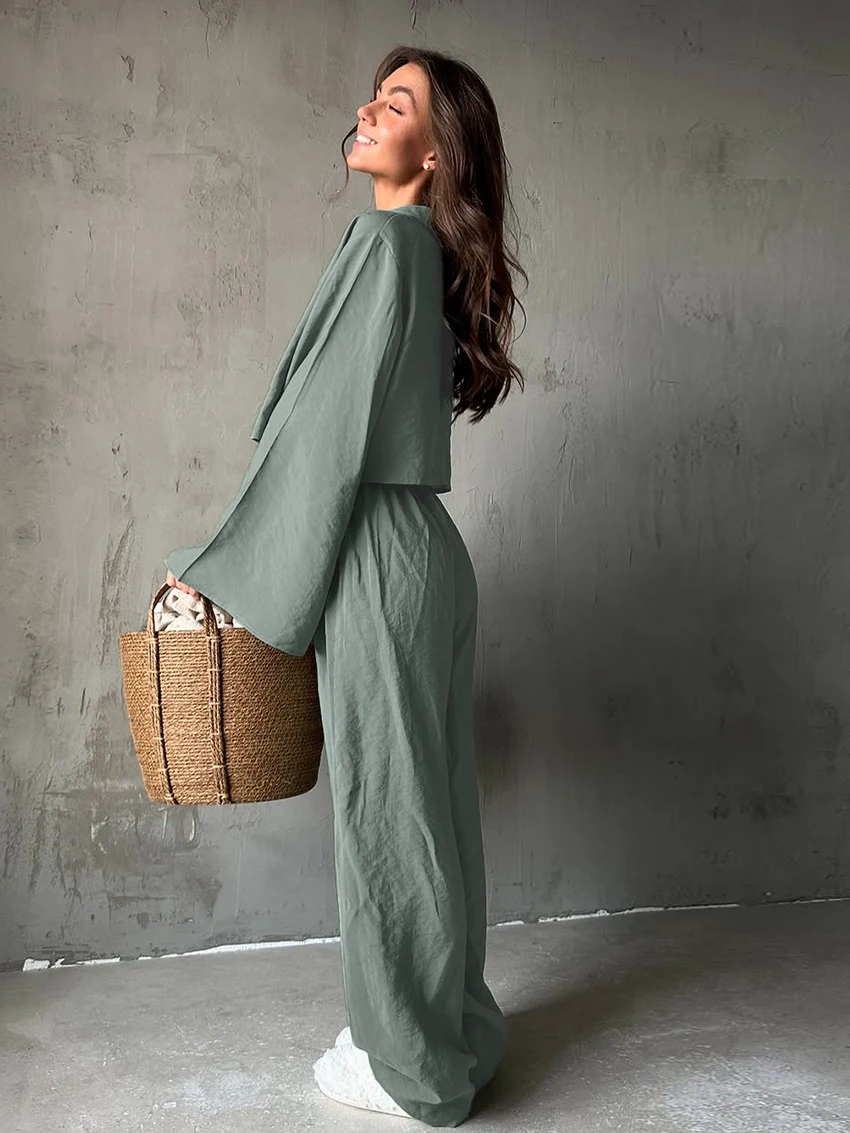 Marthaqiqi Loose Women Pajamas Suit Turn-Down Collar Sleepwear Long Sleeve Nightgowns Lace Up Nightwear Pants Casual Pyjamas Set