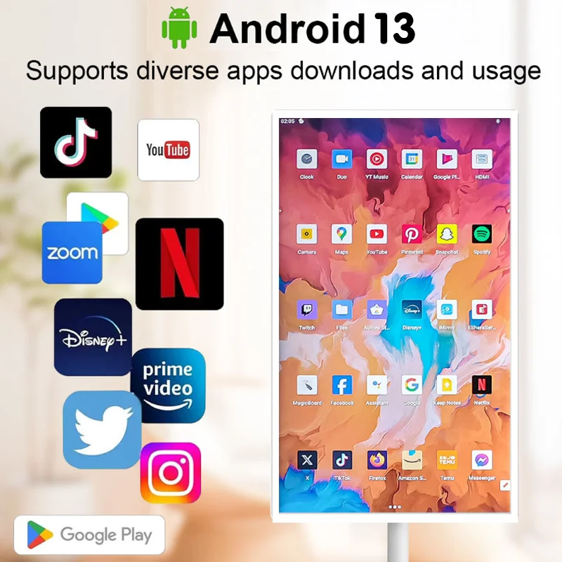 كمبيوتر لوحي محمول 21.5 بوصة يعمل بنظام أندرويد 13 مع ذاكرة 4 + 64 جيجابايت واي فاي وواجهة USB كاميرا أمامية 8 ميجابكسل تلفزيون ذكي محمول