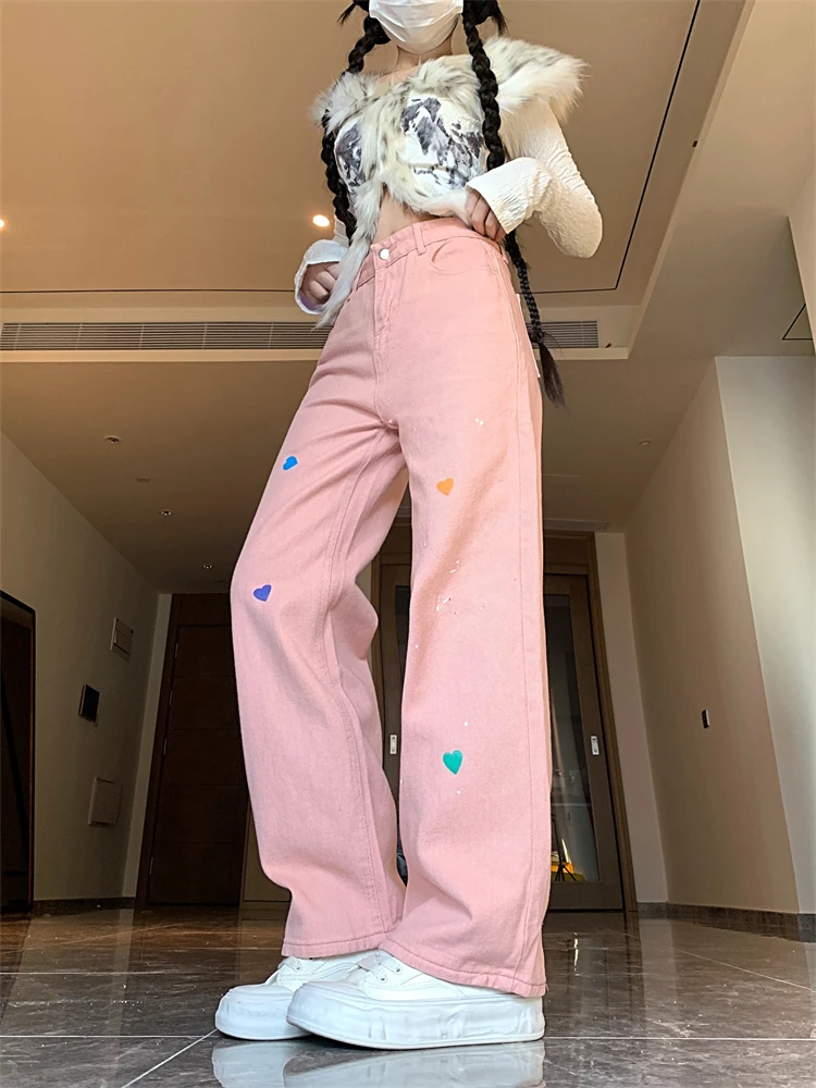 

Women's Colorful Heart-shaped Embroidered Pink Pants Cool Girl Casual Bottoms Female Trousers High Waist Wide Leg Pants
