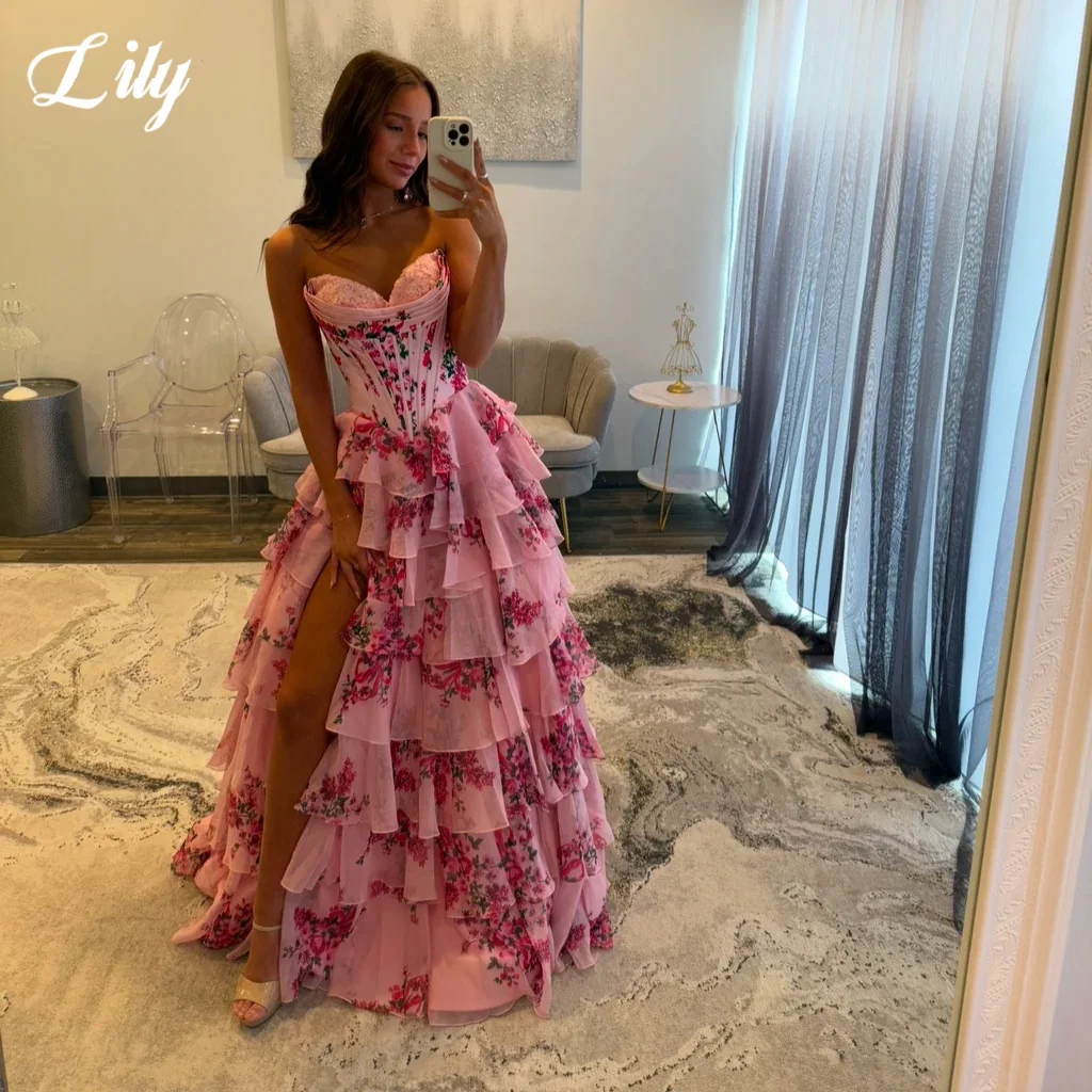 

Lily Pink Chiffon Evening Gowns With Sweetheart A-line Ruffled Multi-layered High Slit Party Dresses فساتين الحفلات Customized