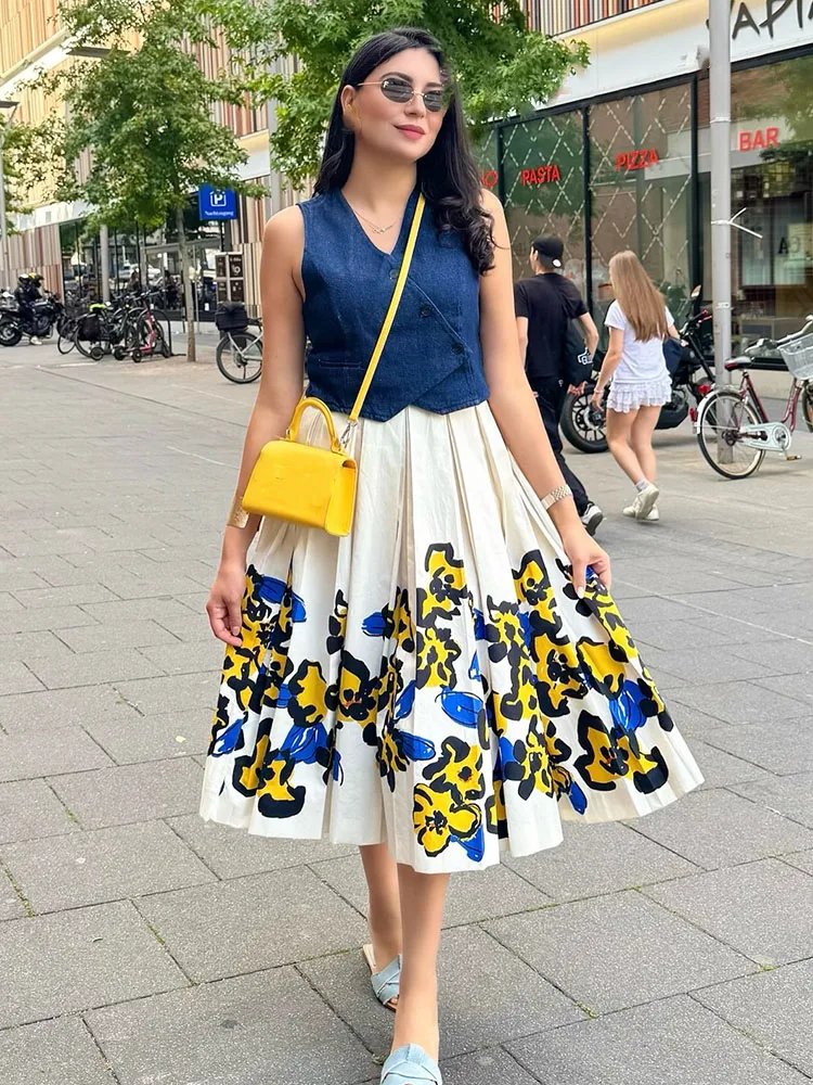 

HH Women Summer Fashion Versatile Printed Wide Pleated Design Skirt Female Mid-Waist Elegant High Street Casual Slim Skirt