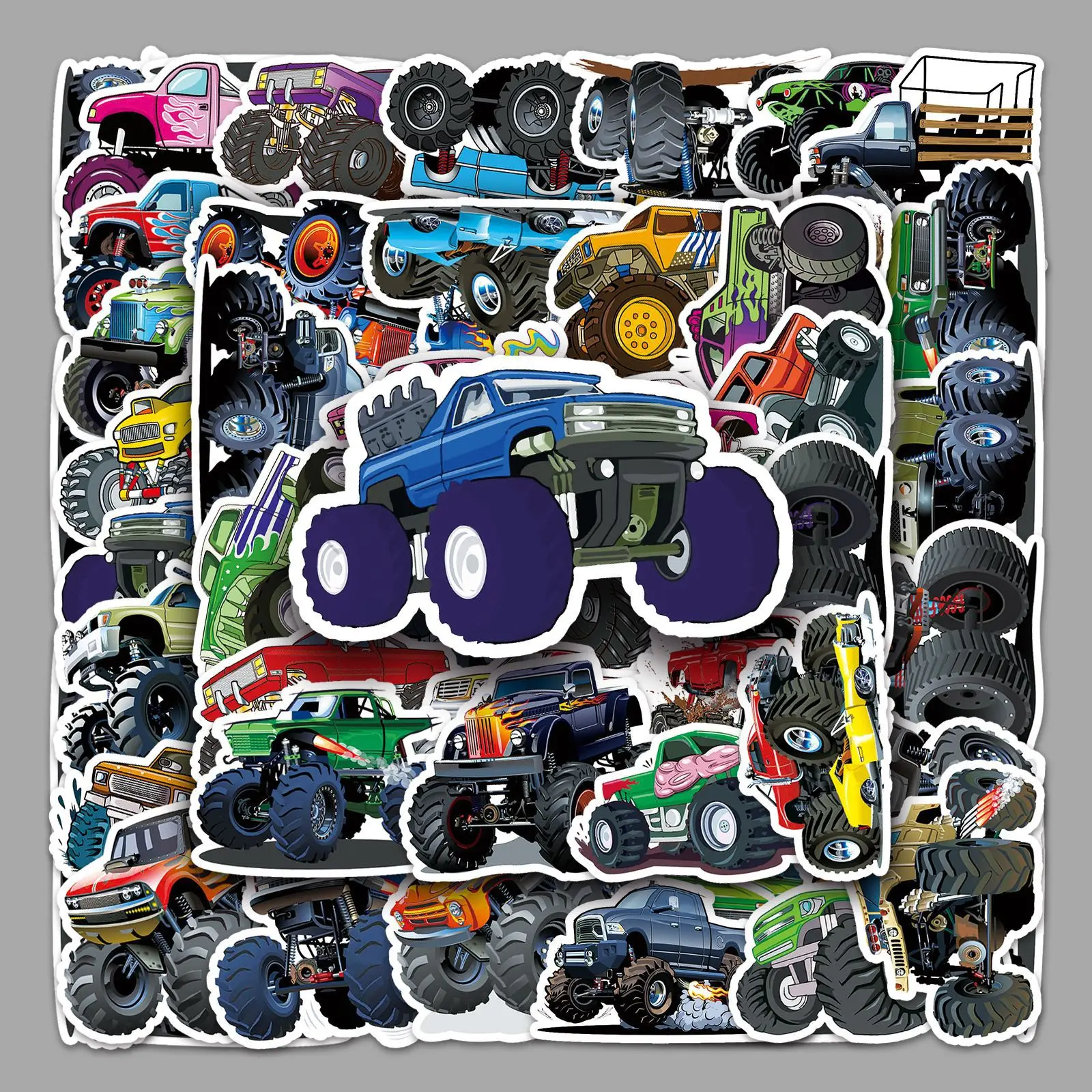 50PCS Monster Truck Stickers Cool Big Wheels Off-Road Vehicle Cartoon Style DIY Decorative Desktop Waterproof Stickers Kids Toy