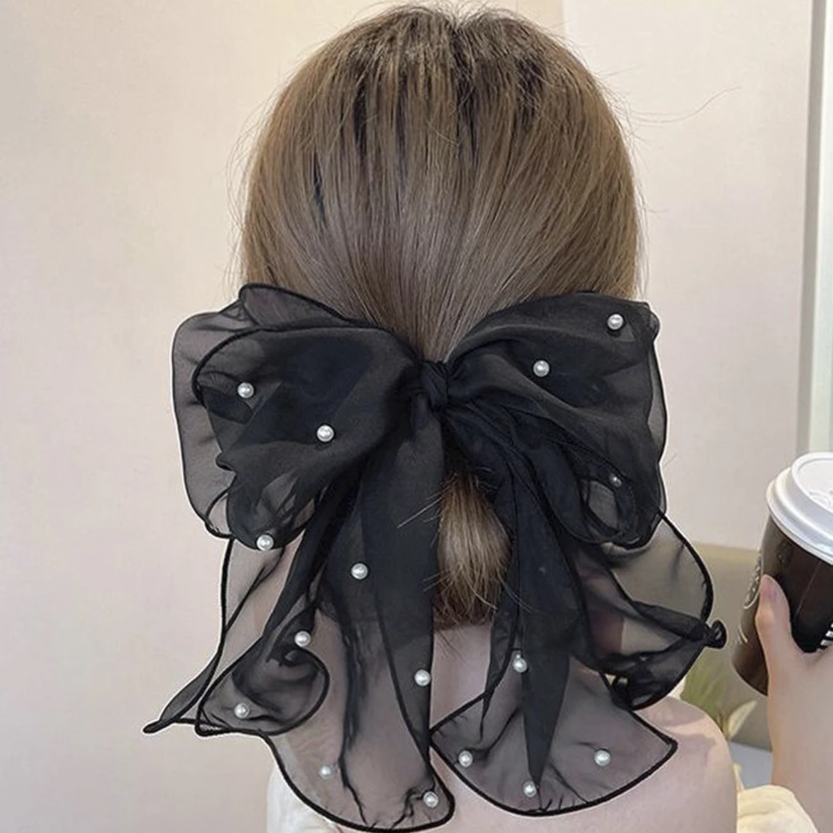 Simple style solid color inlaid pearl large bow ribbon hair accessories suitable for women to wear on campus trips