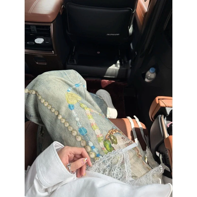 Jeans in denim a gamba larga Serie 98 Pizzo stampato in 3D Catena di perle Pantaloni dritti larghi da donna Vita alta Estiramento medio Altro Fab...