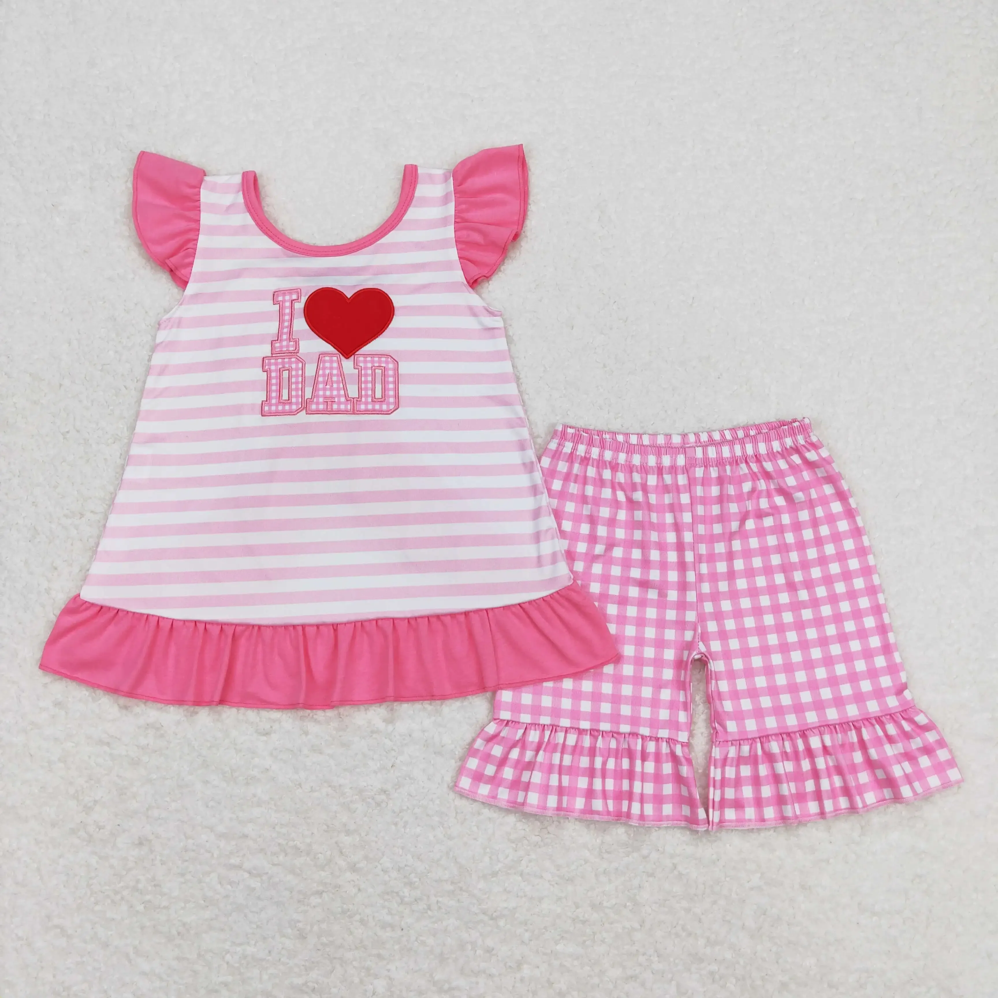 

GSSO0563 Wholesale clothes for girls I love dad embroidered love striped bow shorts sets Summer Boutique baby girls clothes sets