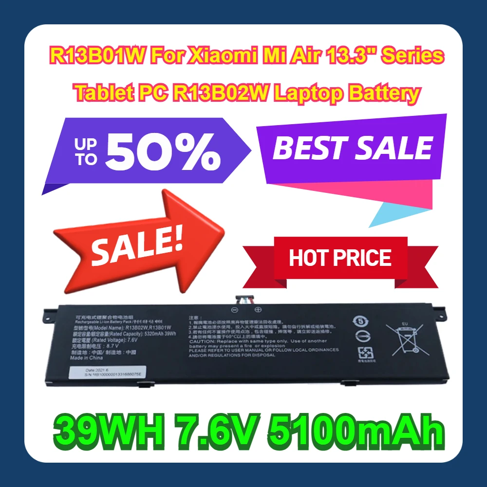 

39WH 7.6V 5100mAh R13B01W For Xiaomi Mi Air 13.3" Series Tablet PC R13B02W Laptop Battery