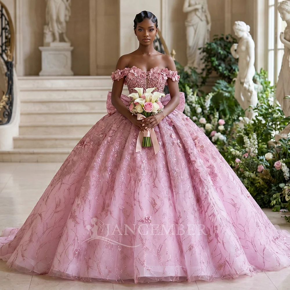 

Розовое платье для 15-летия (Quinceañera) с бантом, вырезом-лодочкой, шнуровкой, бальное платье, Vestidos de 15 años Quinceañera 2026, с аппликациями, на заказ