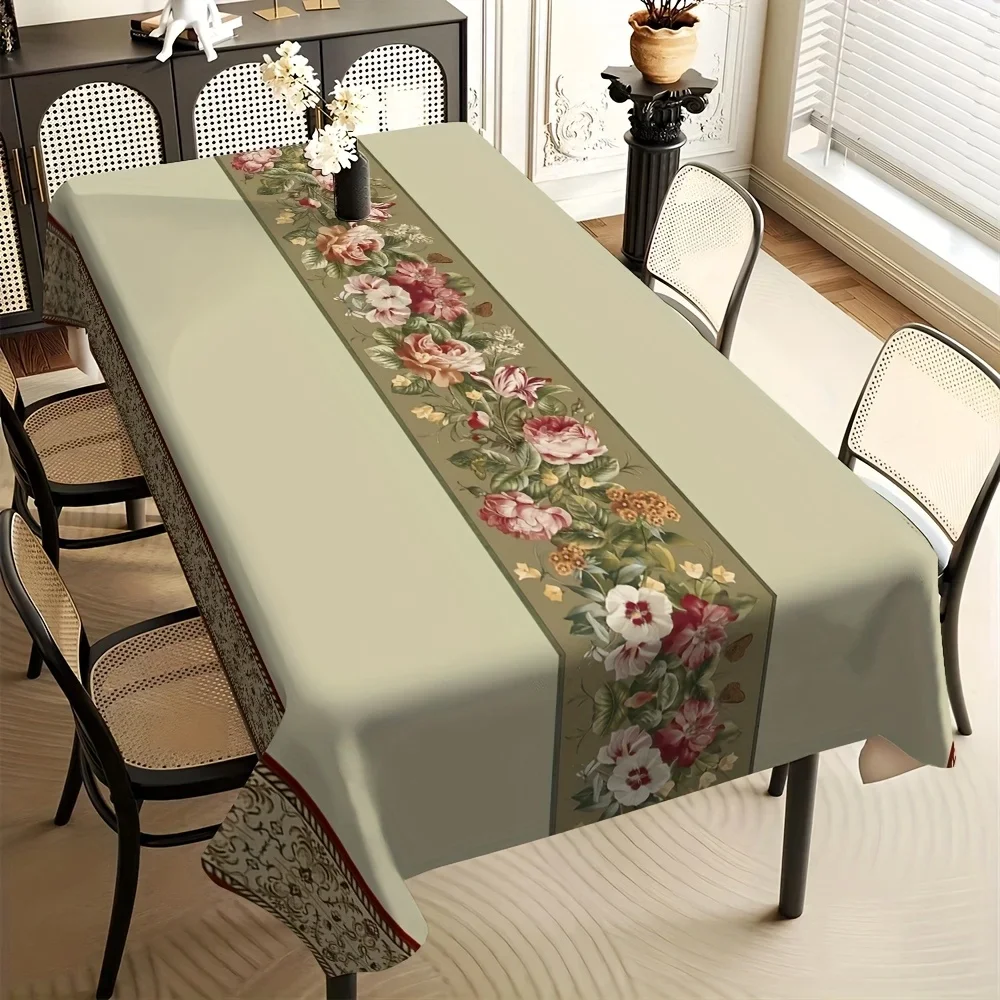 1pc Elegant Floral Pattern Square Tablecloth - Light green polyester fabric with red accents, suitable for all seasonsxzj