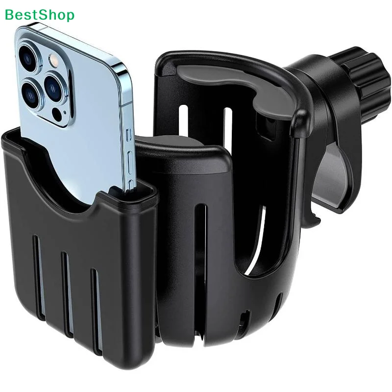 〔Q〕2 In 1 Motorcycle Stroller Cup Holder Bike Wheelchair Phone With Walker Rack Black Easy 360 Install Degree Rotation Adjusta