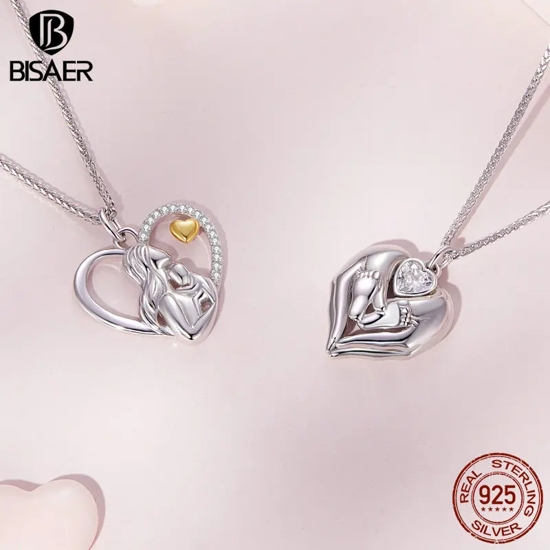 BISAER 925 Sterling Silver Mother Daughter Or Son Open Ring Mom Hug Necklace For Women Mother's Day Birthday Fine Jewelry Gift