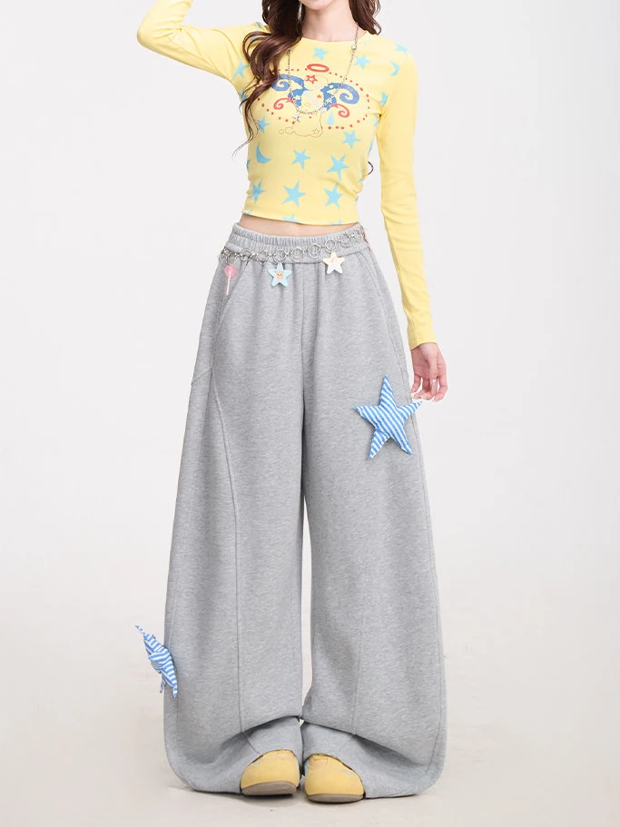 

Свободные широкие повседневные брюки для женщин с декором в виде звезд и ушками кролика, в пол, в корейском стиле, свободного кроя