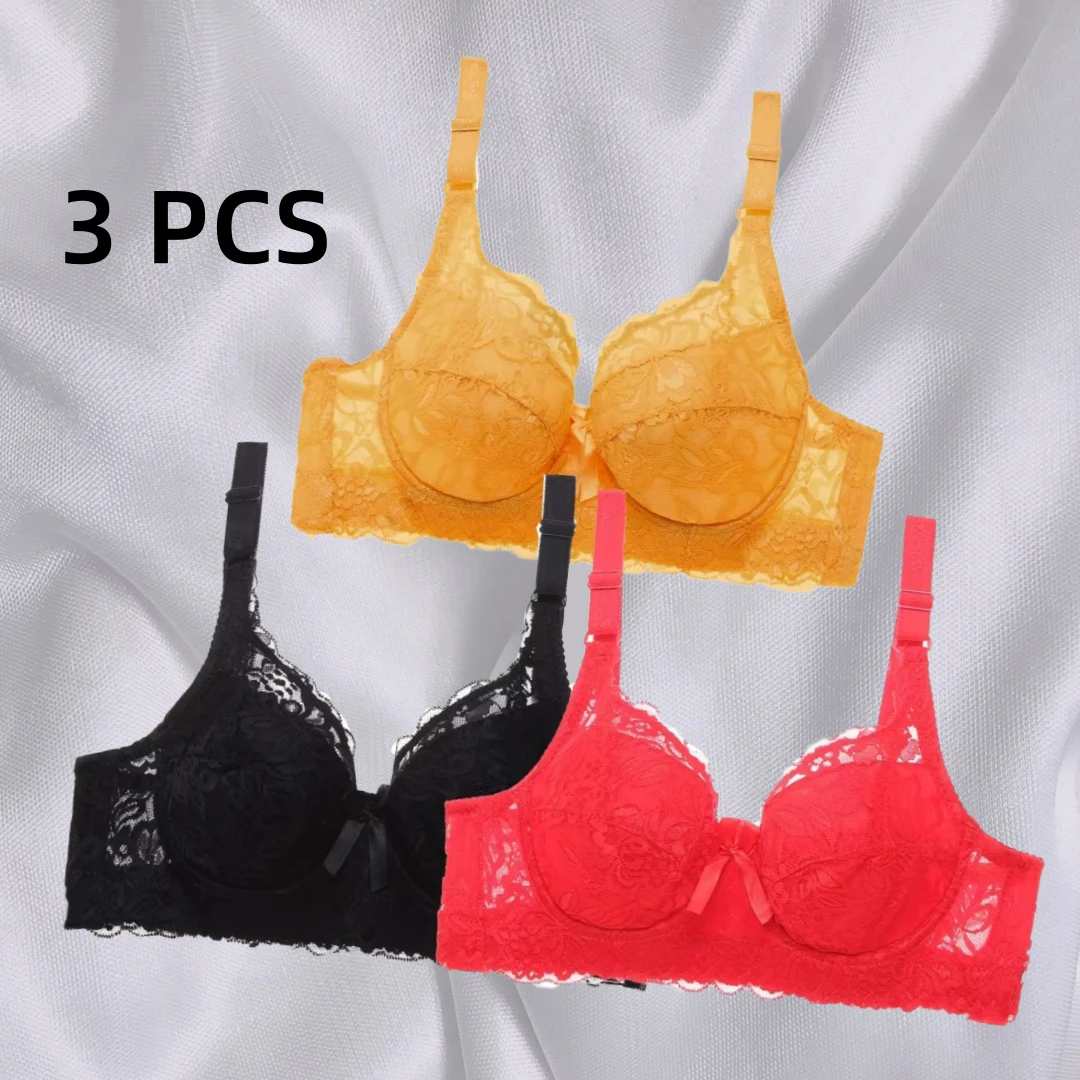 

3 PCS Women European and Big Chest Small Chest Gathering Cup Underwear American Plus Size Bra Steel Ring Sexy Lace