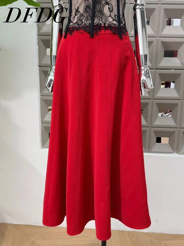 

DFDG Women's 2025 Slimming Vintage Skirt A-Line Flared Hem Midi Long Simple Workwear Solid Color Figure Flattering Chic Skirt