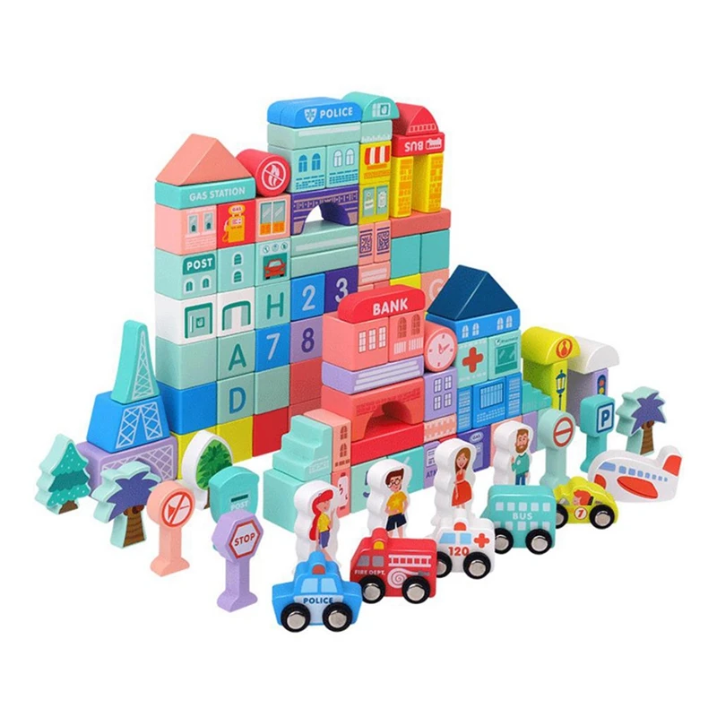 108 Pcs Wooden Building Block Set,City Building Stacking Cognitive Educational Toys,For Boys And Girls Over 3 Years Old