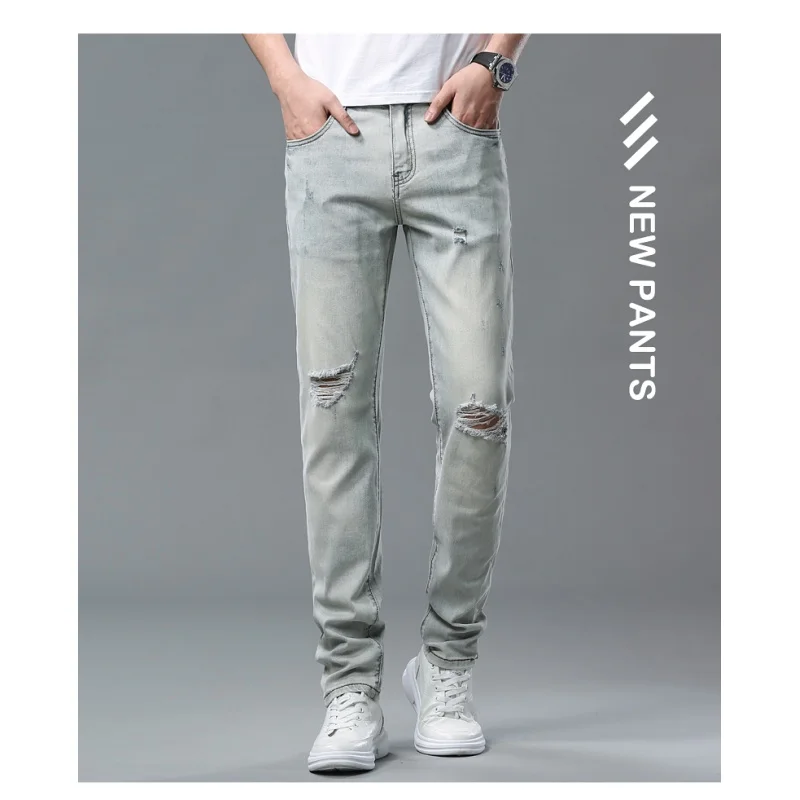 Retro Nostalgic Jeans Men's Summer Thin Ripped Trendy Simple Handsome Street Style All-Matching Slim Fit Skinny Trousers