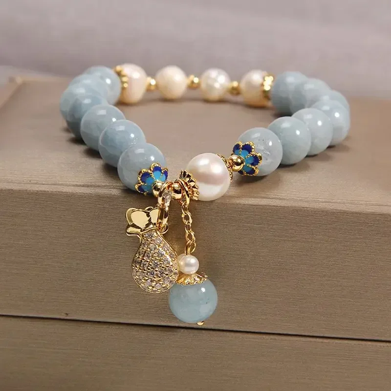 

Natural Aquamarine Bracelet Women's Cold Niche Design Crystal HandString Korean Fashionable Girlfriend Sisters Birthday Gift