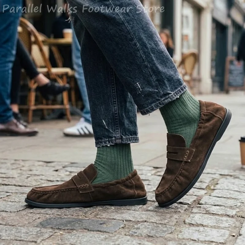Men Soft Suede Loafers Elastic Slip On Driving Shoes Lightweight Breathable Casual Flats Collapsible Heel Walking Footwear