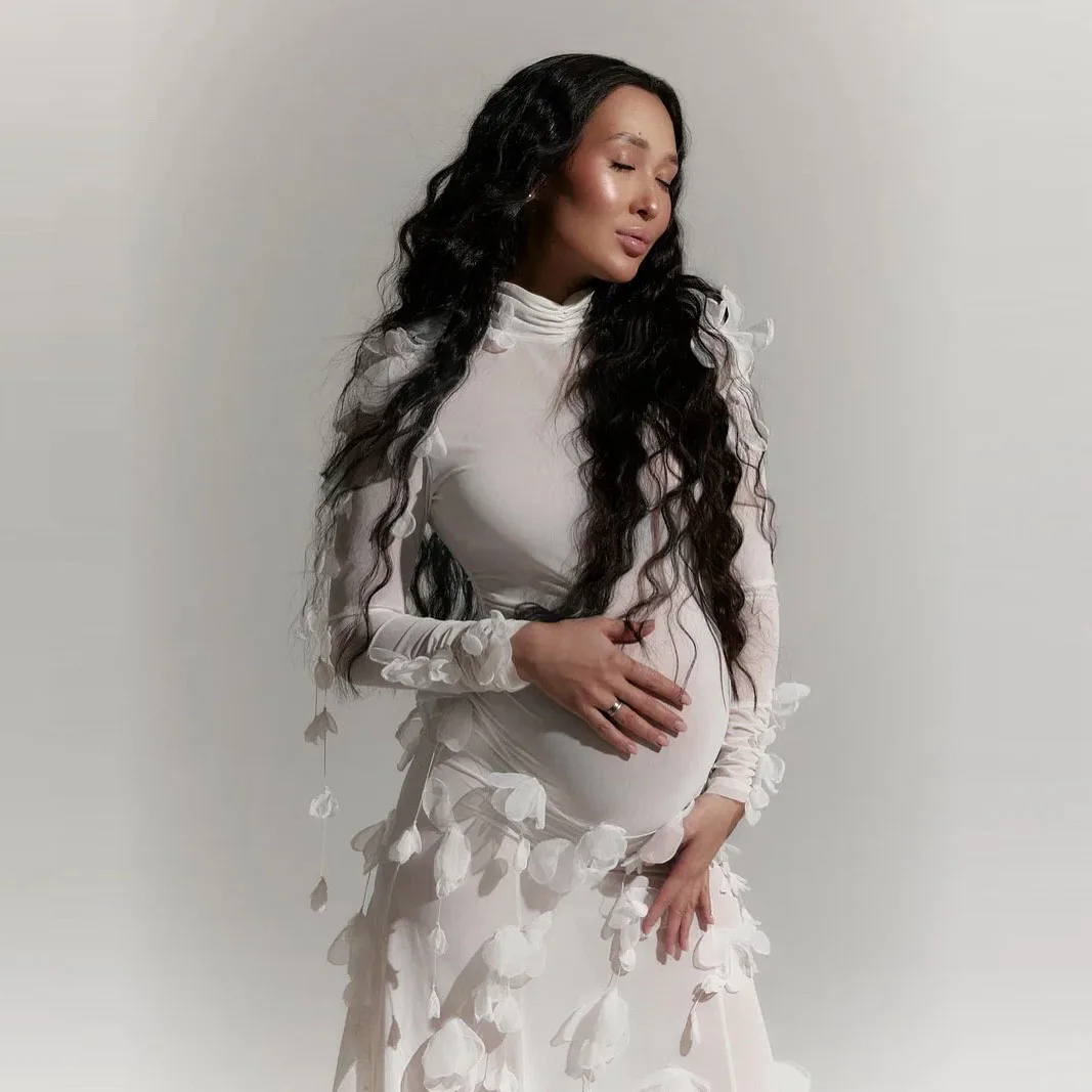 

Maternity Dress in Soft Polyester Fabric with Delicate Floral Embellishments for Pregnant Women Comfortable Pregnancy 2025