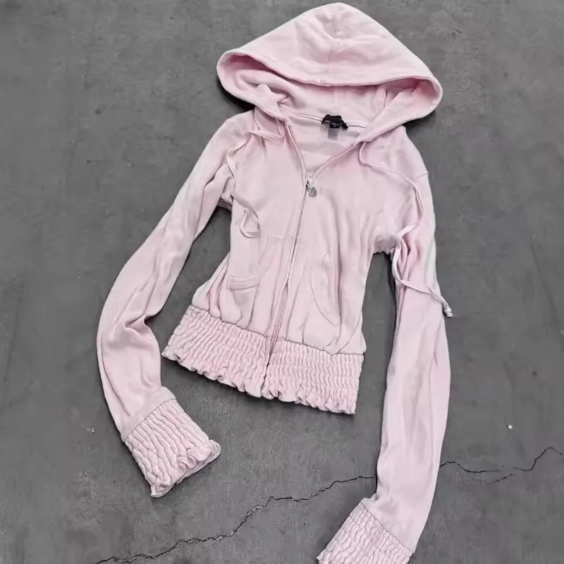 Fashion Casual Two Piece Sets Sweet Pink Hooded Sweatshirt Cardigan Coat Women Fall High Waist Loose Casual Wide Leg Pants Suit