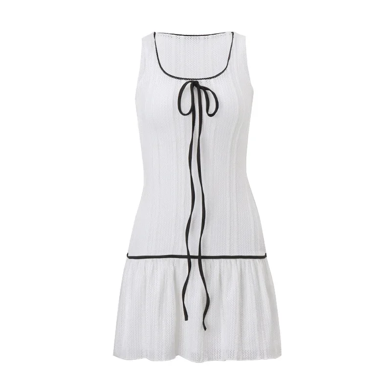 2025 New Vintage Dark Sleeveless Vest Dress Gothic Double Layer Mesh A-line Dresses Women's Cyber Y2K Lace-up Mini Gown