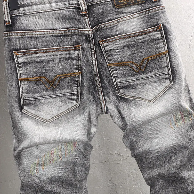 Fashion Designer Men Jeans Retro Washed Gray Elastic Slim Fit Ripped Jeans Men Embroidery Patched Vintage Denim Pants Hombre