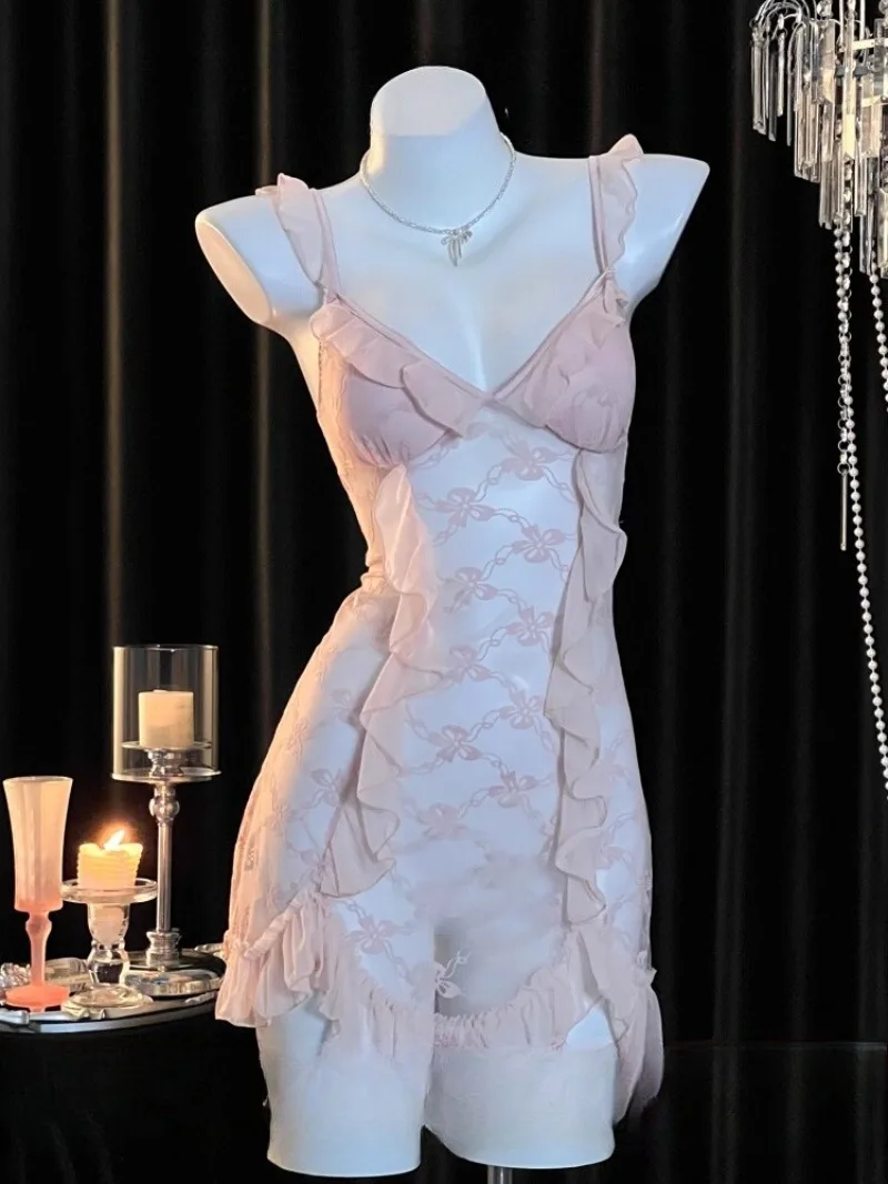 

Sexy and Pure Sheer Lace Halter Sleeping Dress for Women—Gentle and Seductive Deep V Belted Nightgown with Chest Cushion