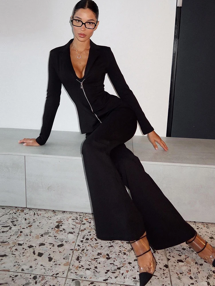 

Insglas Street комплект из 2 предметов, женский простой элегантный однотонный спортивный костюм, укороченный топ на молнии с длинными рукавами + брюки-клеш, одинаковые наряды