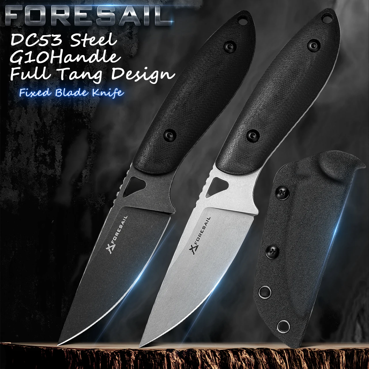 Cuchillo de hoja fija, cuchillo Full Tang. Hoja de acero DC53. Mango G10, con funda Kydex, cuchillo táctico EDC fijo, cuchillos para acampar al aire libre