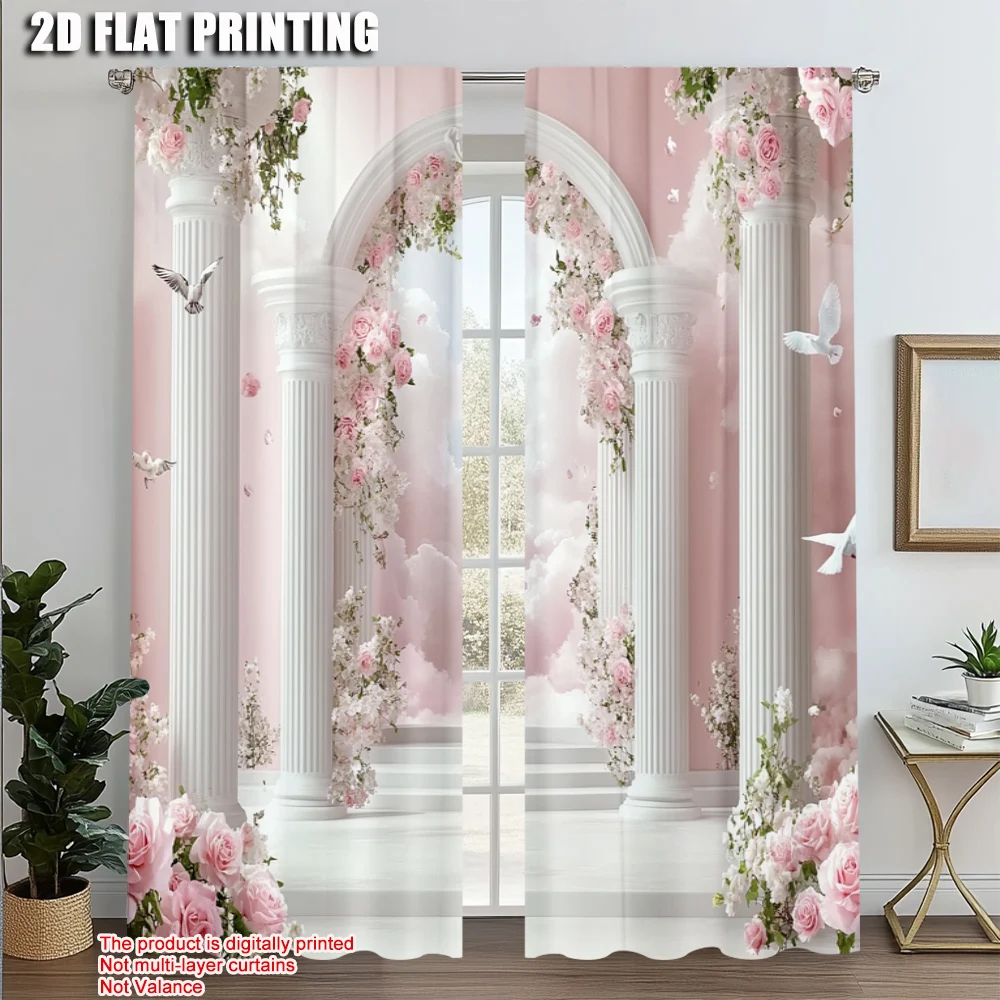2pcs, Curtain Set 2D Print Pink Rose Arch and Column Durable Polyester (Without Rod) Gifts Use for Living Room, Bedroom & Home