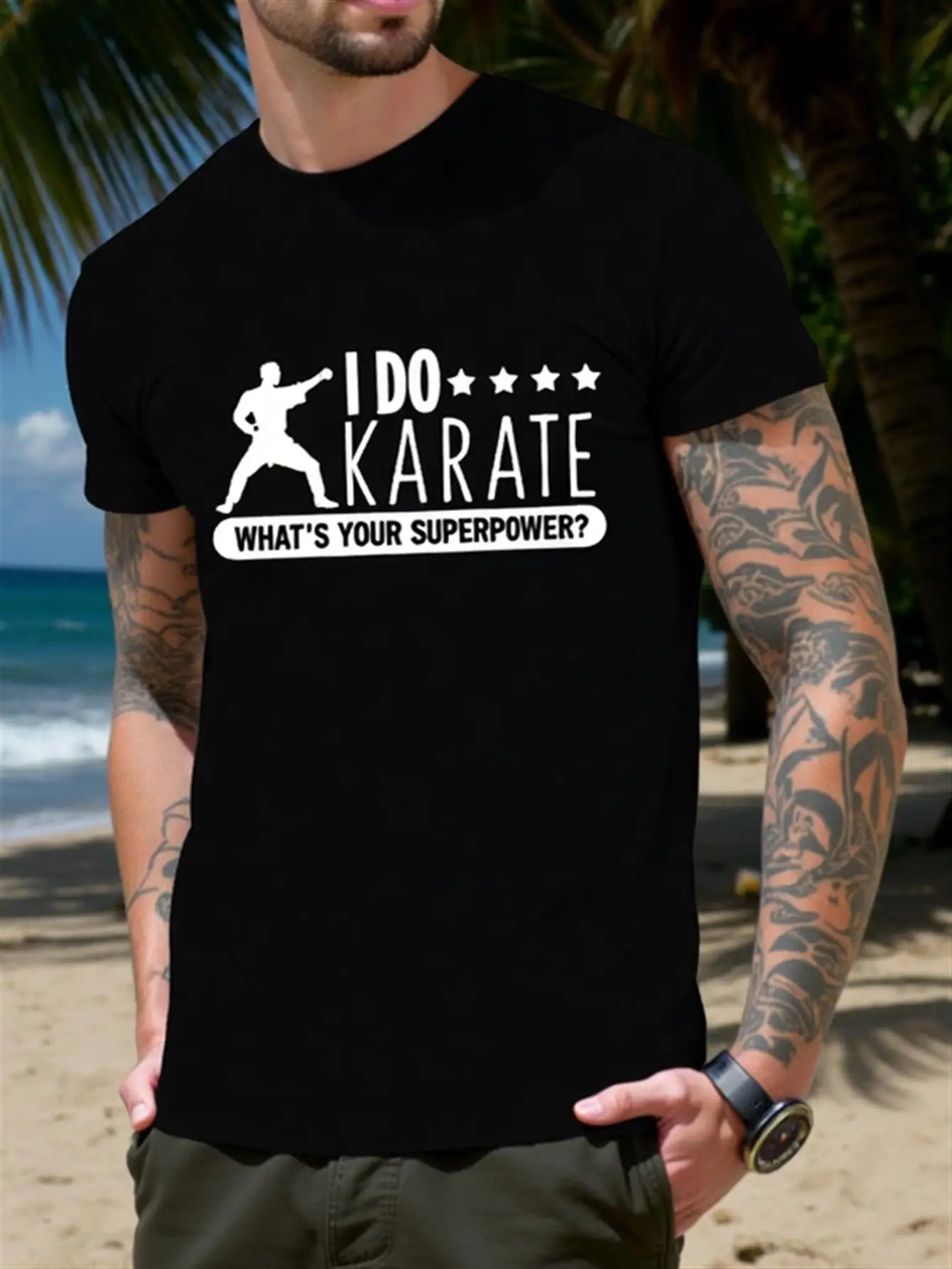

Men's Breathable 100% Cotton Karate T-Shirt for Martial Arts Training and Casual Wear. What Are My Karate Skills and Your Superpowers Designed with a Round Neck, Short Sleeves, Karate Belt System, Color Options for All Seasons, Comfortable, Is a Gift for