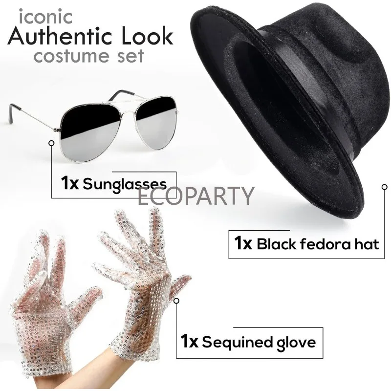 Accessoires de costumes Pop King Jackson, gants à paillettes M-J, chapeau Fedora noir et lunettes de soleil pour fête de cosplay d'Halloween sur le thème des années 80