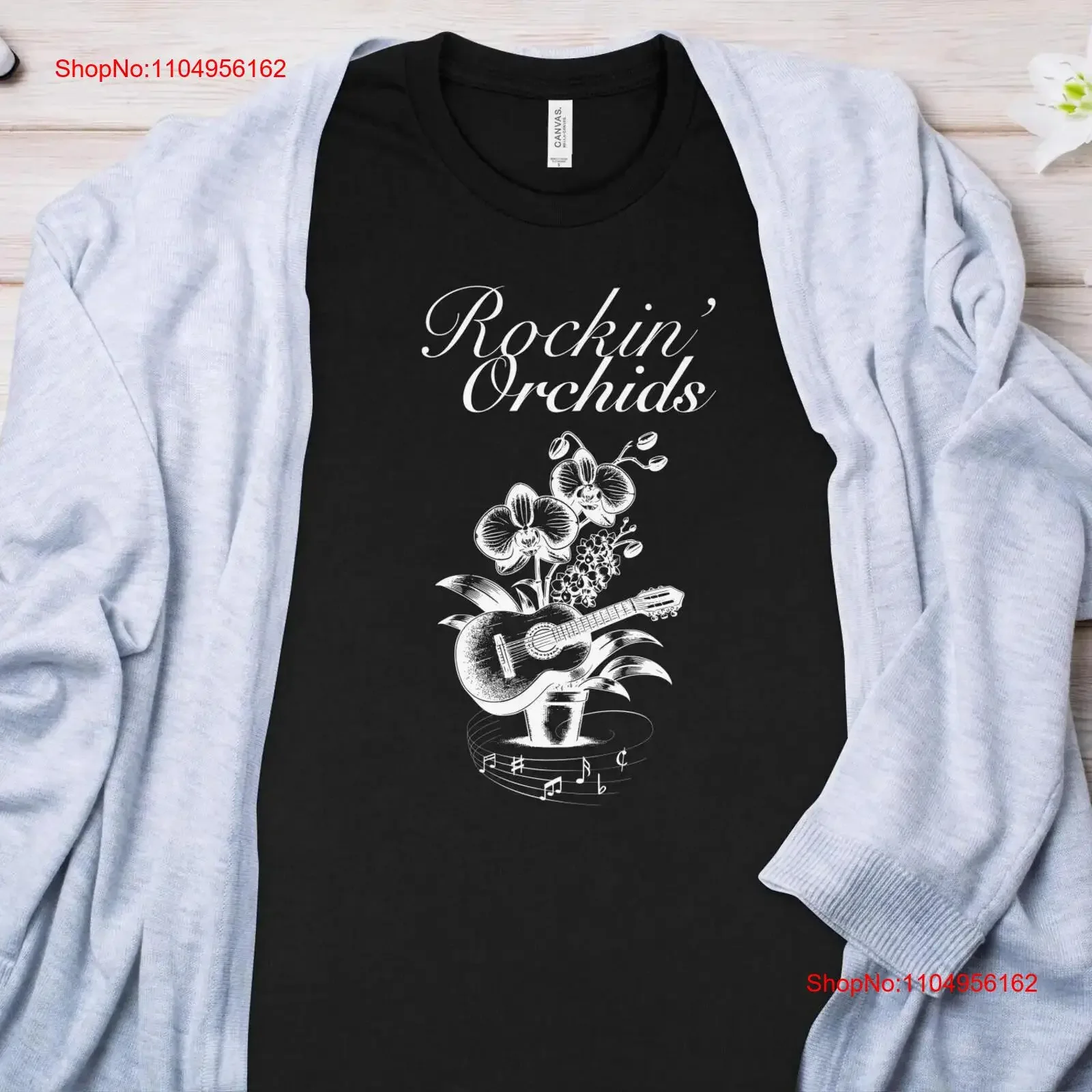 

Rockin' Orchids T Shirt Guitar and Music Lover Floral Band Unique Musical Plant Design vintage Washed Casual