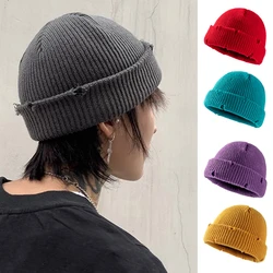 Fashion Y2K Knit Short Beanies for Men Women Autumn Winter Hats Solid Color Hip-hop Skullies Caps Unisex Ripped Streetwear