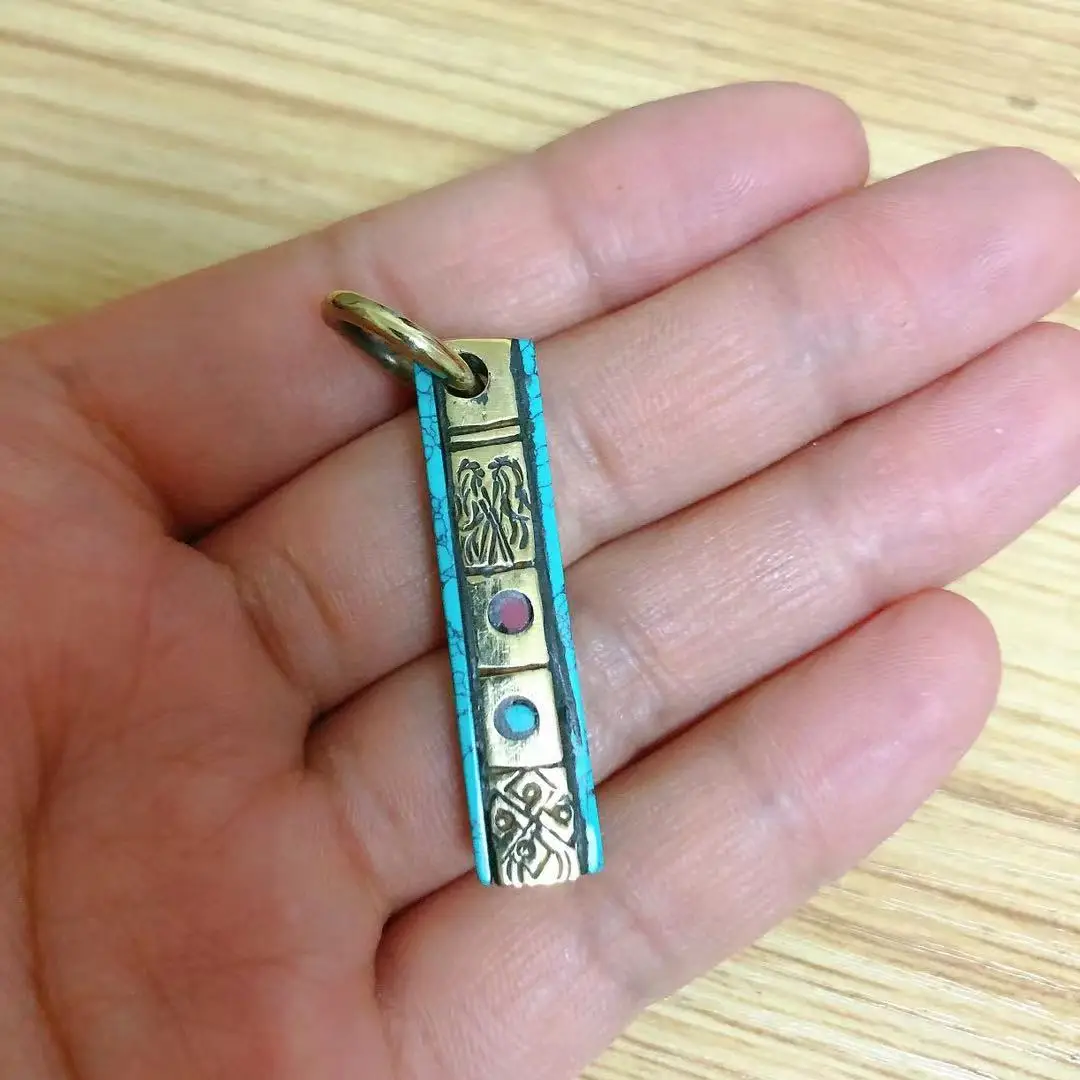 PN177 Tibetan Copper Lucky Signs Stone Double Side Pendant Handmade Nepalese 38mm Long Amulet Charm