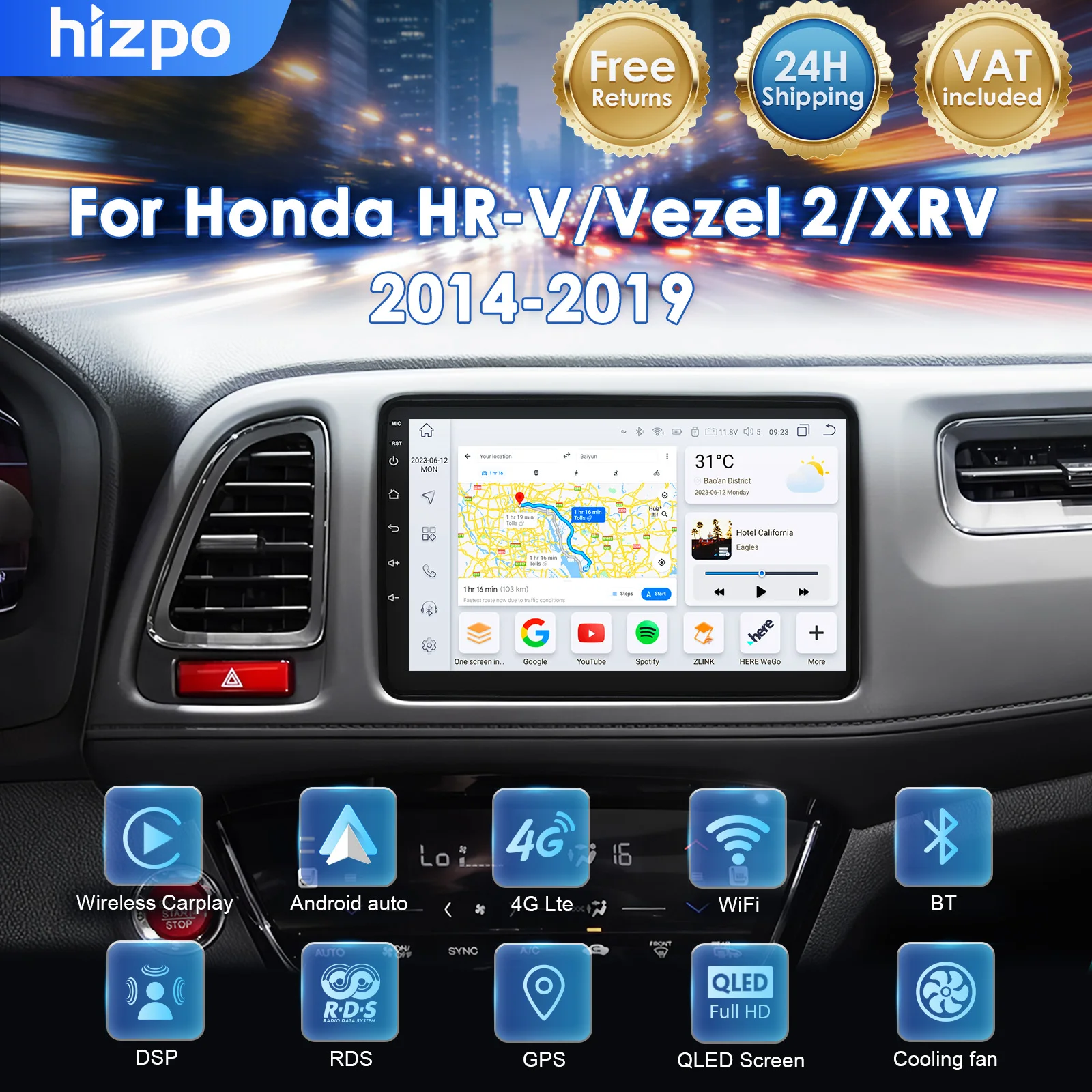 HIZPO Dispositivi Elettronici 2Din per Honda HR-V/Vezel 2/XRV 2015-2020, Navigazione Multimediale Auto con CarPlay, Telecamera 360°, GPS, FM, SWC, Con