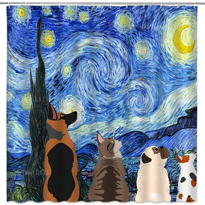 Funny Animal Dog Cat Watch Starry Night View Japanese Painting Hokusai The Great Wave Off Kanagawa Shower Curtains