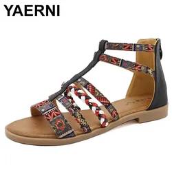 YAERNI 35-42 New Women's Large Sandals Summer Sandals Women's Bohemian Retro Beaded zipper Rhinestone  Flat Shoe