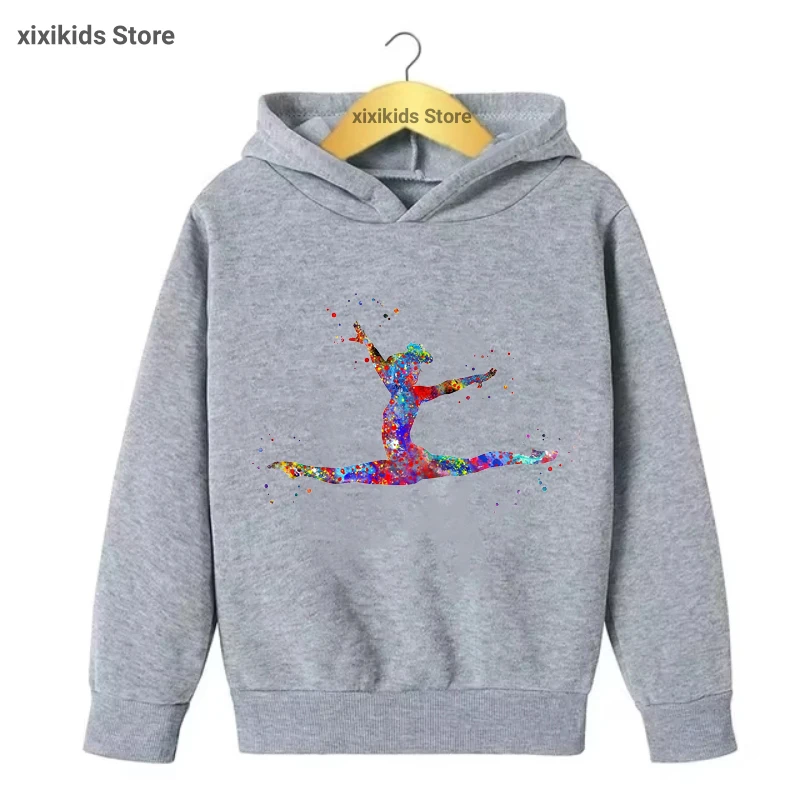 2025 Watercolor Artistic Gymnastics Printed Cap Hoodies Funny Sports Kids Clothes Spring/ Autumn/Winter Plus Velvet Sweatshirt