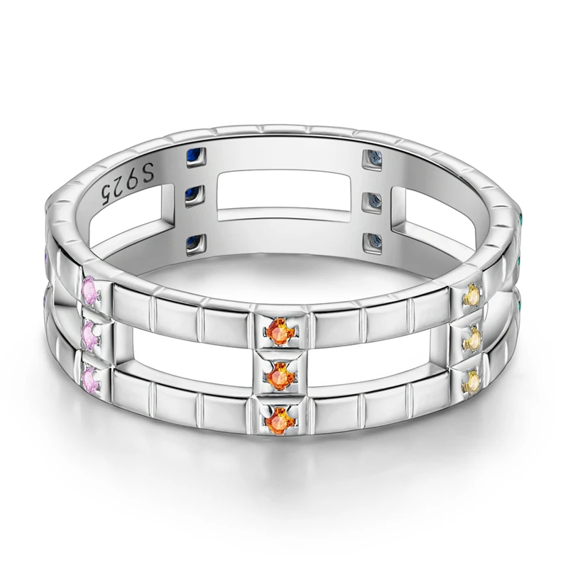 New Original 925 Sterling Silver Colorful Checkered Double-Layer Ring For Women Exquisite Engagement Anniversary Jewelry Gifts