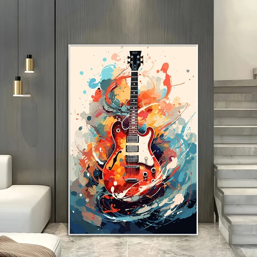 An abstract vintage guitar canvas art print, large size colorful acrylic poster for living room and bedroom decor