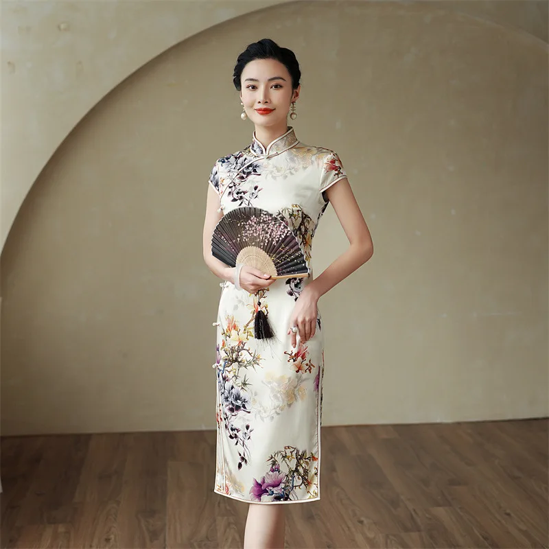 New High Quality Real Silk Cheongsam Qipao 2024 Women's Improve Chinese Style Retro Dress Mid-Length 