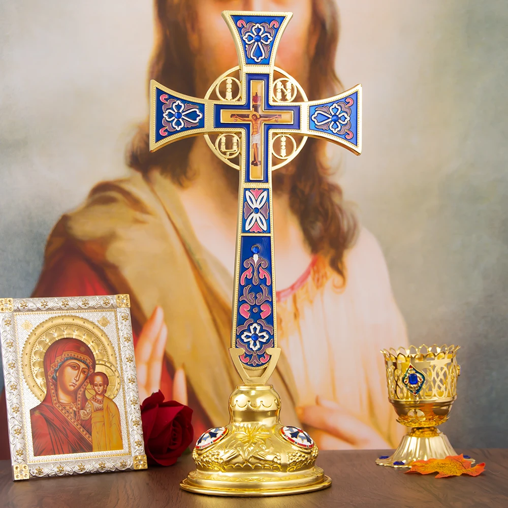 HTISOK Orthodoxes Altarkreuz im Byzantinischen Stil, Vergoldet, Emailliert, Stehendes Jesus-Kruzifix zur Kirchendekoration, Orthodoxes Kreuz – Detail 4