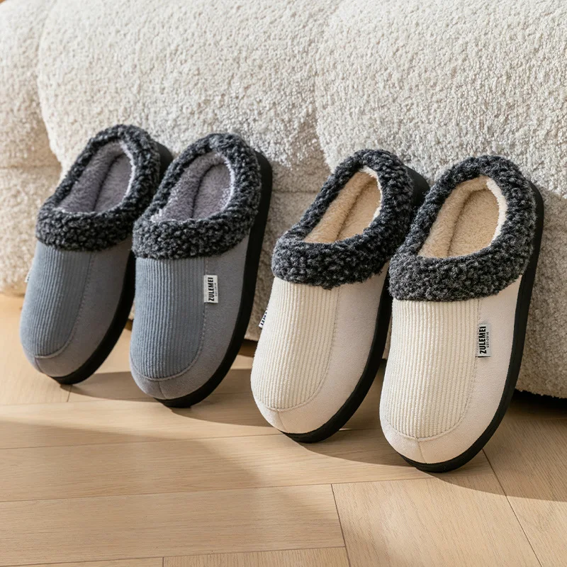 

2025 Men's warm plush slippers winter new soft non-slip home slippers fashion striped plush couple models cotton slippers women