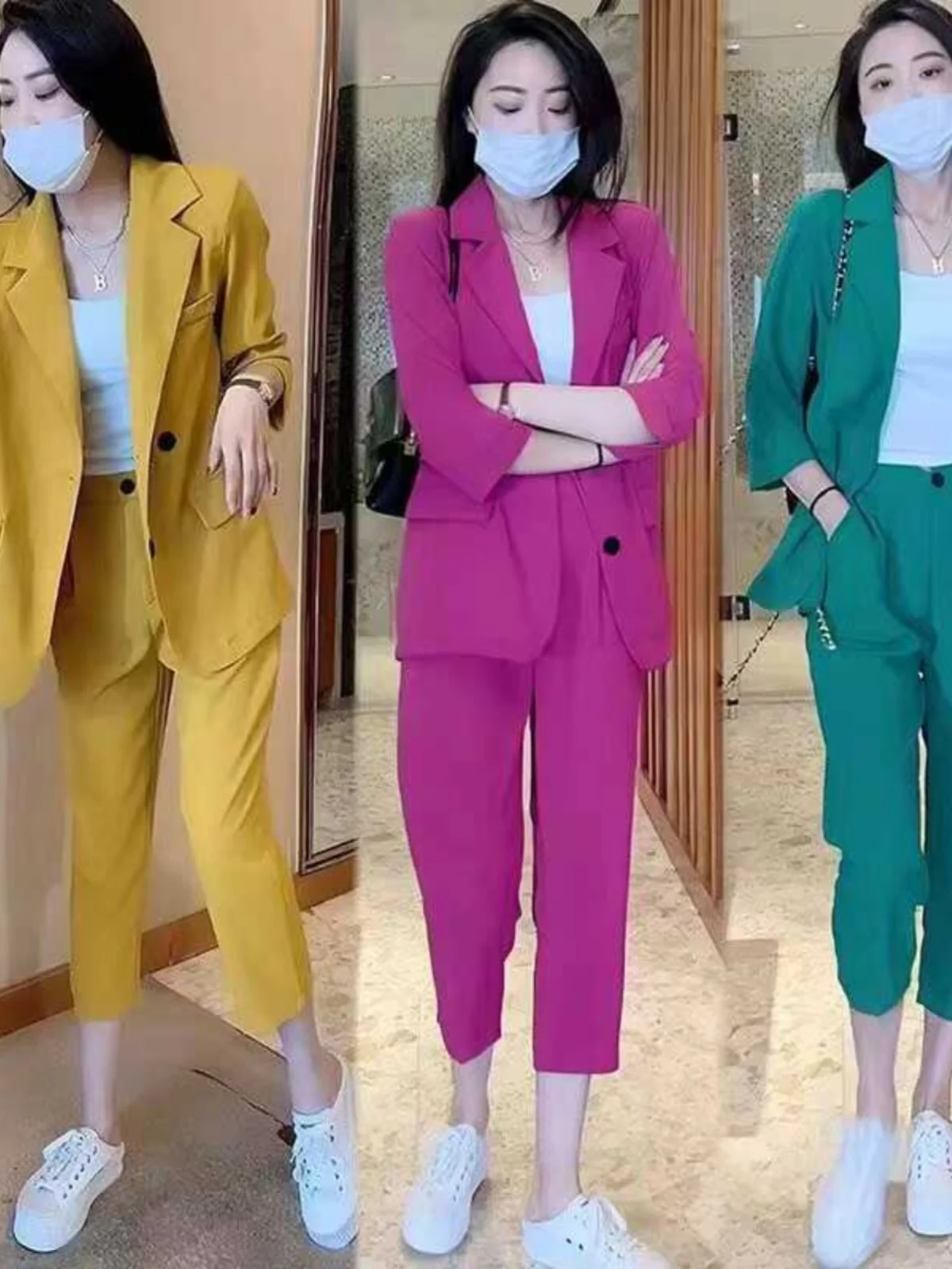 

Chic Anti-Aging Seven-Foot Pants Suit Korean Sle Loose Fit with kets Tee-Piece Set Autumn Faion Large Size Women's Wear