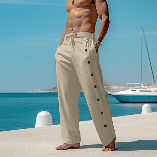 Imagen 2 del producto Pantalones informales de lino y algodón a la moda para hombre, pantalones largos holgados con botones laterales y ventilación, ropa de calle, pantalones de playa para primavera y verano para hombre