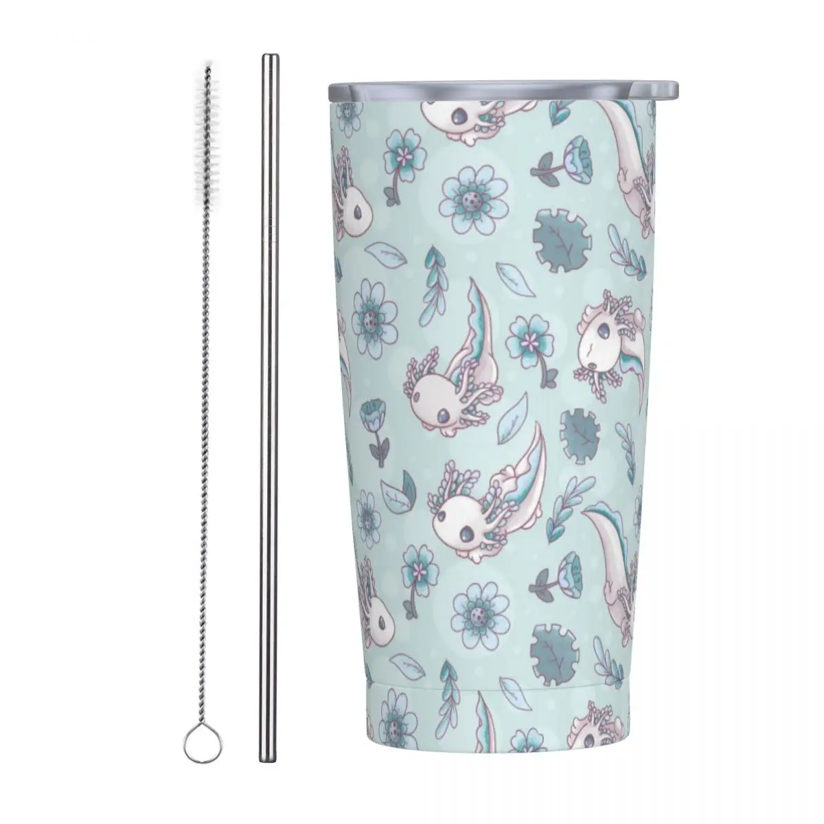 Floral Axolotl Insulated Tumbler with Straws Lid Kawaii Animal Vacuum Travel Thermal Mug Outdoor Portable Car Bottle Cup 20oz